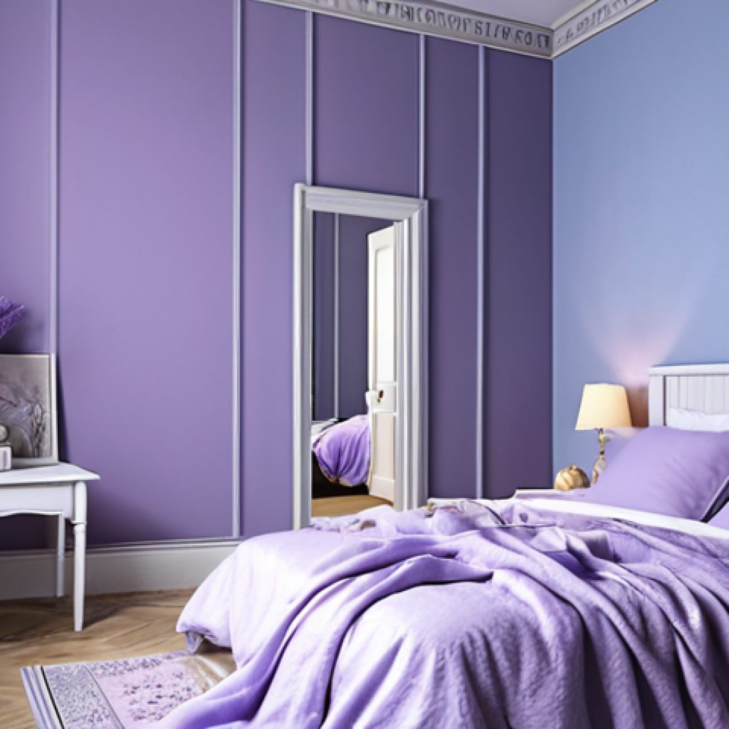 **A serene bedroom:** Pastel blue walls, lavender bedding, soft lighting, creating a peaceful and relaxing atmosphere for sleep.