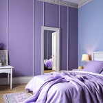 **A serene bedroom:** Pastel blue walls, lavender bedding, soft lighting, creating a peaceful and relaxing atmosphere for sleep.