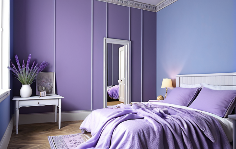 **A serene bedroom:** Pastel blue walls, lavender bedding, soft lighting, creating a peaceful and relaxing atmosphere for sleep.