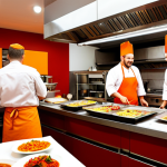 **

A vibrant, modern restaurant interior. Red and orange color scheme evokes energy and appetite. Open kitchen with chefs preparing food. Lively atmosphere, tables filled with customers. Focus on food presentation and a sense of excitement.

**