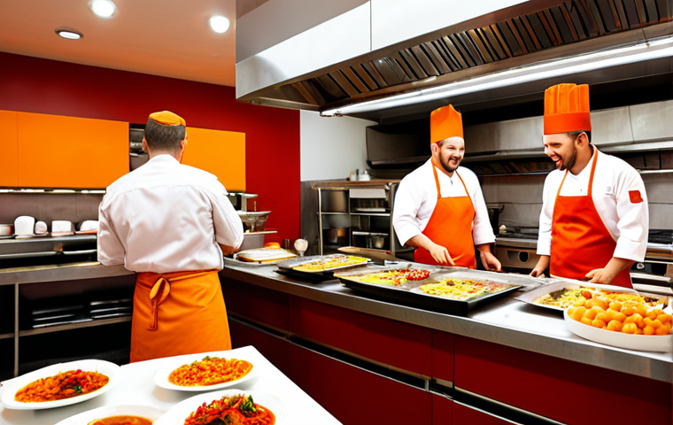 **

A vibrant, modern restaurant interior. Red and orange color scheme evokes energy and appetite. Open kitchen with chefs preparing food. Lively atmosphere, tables filled with customers. Focus on food presentation and a sense of excitement.

**